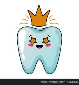 Healthy kawaii tooth with gold shining crown, cute cartoon character, concept of dentistry and medicine, teeth treatment, oral hygiene and dental care. Vector flat. kawaii dental care