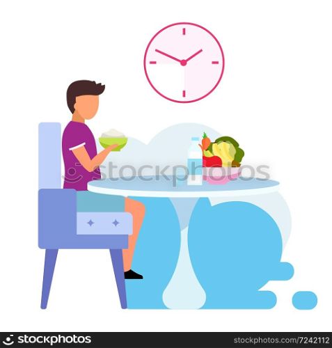 Healthy kids nutrition flat vector illustration. Teenager eating dairy products isolated cartoon character on white background. Young lacto-vegetarian consuming fresh fruits and vegetables