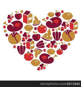 Healthy life - heart shape with vector food icons