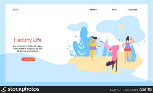 Healthy Life Horizontal Banner, Copy Space. Happy Body Positive Girls Enjoy Life on Beach. Young Women Playing and Exercising on Seaside Background. Active Lifestyle. Cartoon Flat Vector Illustration. . Happy Body Positive Girls Enjoy Life on Beach.