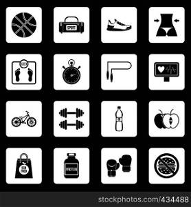 Healthy life icons set in white squares on black background simple style vector illustration. Healthy life icons set squares vector