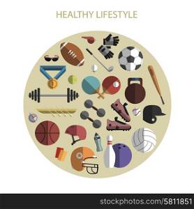 Healthy life style sport equipment and accessories flat icons composition circle print poster abstract vector illustration. Sport accessories icons composition circle
