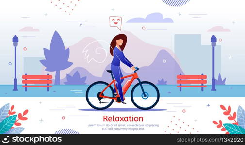 Healthy Lifestyle, Active Relaxation, Outdoor Recreation Trendy Flat Vector Banner, Poster Template. Happy Lady Resting in City Park, Woman Riding Bicycle, Enjoying Free Time on Weekend Illustration