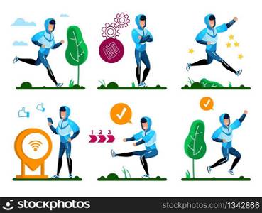 Healthy Lifestyle Activities, Outdoor Fitness Routines Trendy Flat Vector Isolated Concepts Set. Young, Active Man in Sportswear, Squatting and Jogging, Sharing Training Results Online Illustration