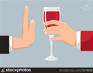Healthy lifestyle and avoiding alcohol concept, refuse glass of wine with raised hand as a stop gesture, vector illustration