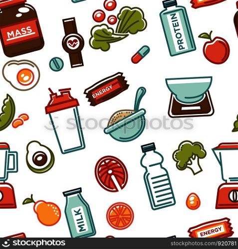 Healthy lifestyle and fitness food nutrition and drinks seamless pattern. Vector flat isolated icons of vegetarian fruits and vegetables, gym and sportsman protein and dietary sport supplies. Healthy lifestyle and fitness food nutrition and drinks seamless pattern.