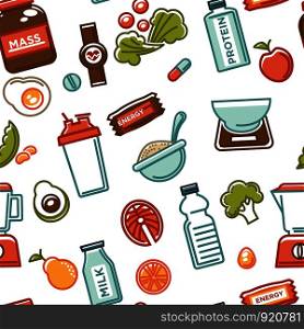 Healthy lifestyle and fitness food nutrition and drinks seamless pattern. Vector flat isolated icons of vegetarian fruits and vegetables, gym and sportsman protein and dietary sport supplies. Healthy lifestyle and fitness food nutrition and drinks seamless pattern.