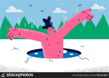 Healthy lifestyle and hardening concept. Naked young smiling man cartoon character sitting in ice hole feeling cheerful in winter vector illustration . Healthy lifestyle and hardening concept