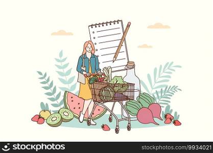 Healthy lifestyle and nutrition food concept. Young smiling woman cartoon character carrying fresh healthy vegan ingredients in shopping trolley bag in supermarket for eating balanced meals . Healthy lifestyle and nutrition food concept.
