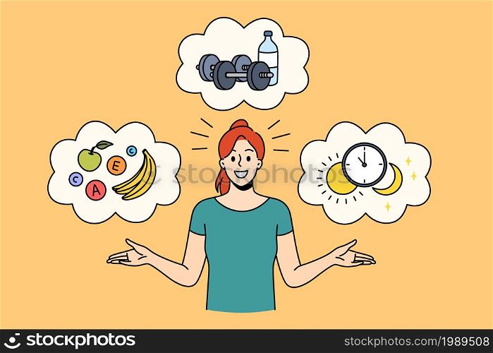 Healthy lifestyle and ration concept. Young positive pretty woman standing with healthy foods workout dumbbels and sleeping time schedule vector illustration . Healthy lifestyle and ration concept