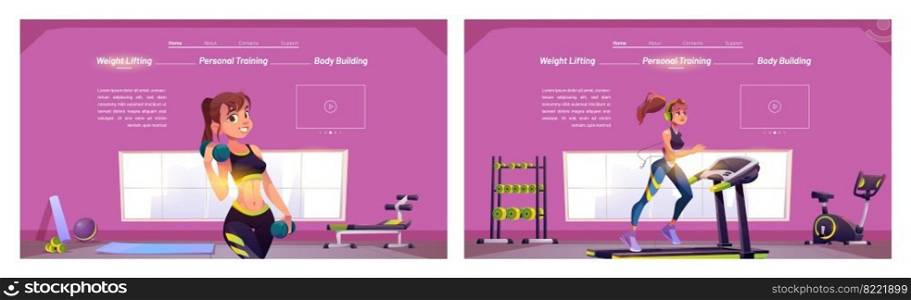 Healthy lifestyle cartoon landing pages. Young women exercising in gym, workout with dumbbells and run on treadmill. Body building, personal training, weight lifting sports activity vector web banners. Healthy lifestyle cartoon landing, sports activity
