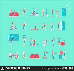 Healthy lifestyle cartoon vector characters set. Pregnant woman. Active life constructor. Man and woman flat color illustrations collection. Body care isolated pack on turquoise background . ZIP file contains: EPS, JPG. If you are interested in custom design or want to make some adjustments to purchase the product, don&rsquo;t hesitate to contact us! bsd@bsdartfactory.com. Healthy lifestyle characters set