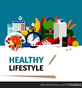 Healthy lifestyle concept. Training equipment and fitness clothes for sport activity with place for text. Vector illustration. Healthy lifestyle concept
