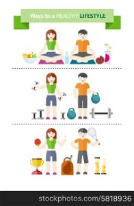 Healthy lifestyle concept with couple practising yoga, healthy eating, exercising with weight and playing tennis