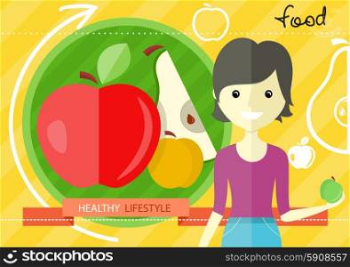 Healthy lifestyle concept with green and red paper apple form in flat design. Woman with apple in her hand. Healthy lifestyle foods concept