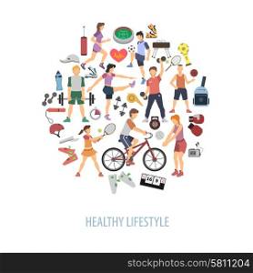 Healthy lifestyle concept with people playing sport games flat vector illustration. Healthy Lifestyle Concept