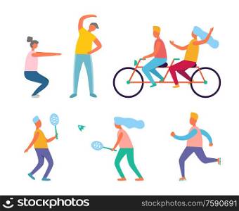 Healthy lifestyle, fitness and outdoor activity vector. Morning exercise and riding bicycle, badminton and jogging, men and women in sportswear, sport. Fitness and Outdoor Activity, Healthy Lifestyle
