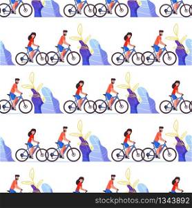 Healthy Lifestyle, Fitness Exercises and Recreation Seamless Pattern with Happy Couple Traveling on Bike, Man and Woman Riding Bicycles in Park Flat Vector Illustration. Sport Goods Wrapping Paper. Healthy Lifestyle Seamless Pattern Flat Vector