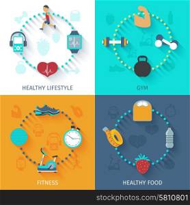 Healthy lifestyle fitness gym and food habits 4 flat icons composition square banner abstract isolated vector illustration. Fitness 4 flat icons square banner