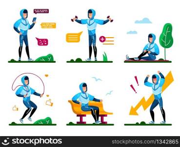 Healthy Lifestyle for Physical and Psychological Well-Being Trendy Flat Vector Concepts Set. Young Man Messaging with Cellphone, Doing Fitness Exercises Outdoor, Angry Because Problem Illustrations