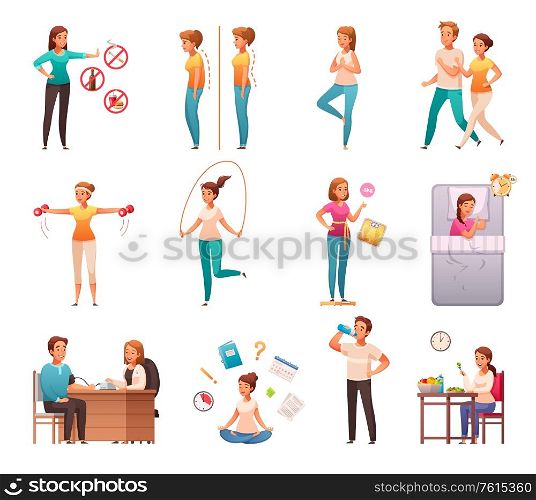 Healthy lifestyle habits cartoon icons set with avoiding junk food alcohol maintaining weight posture sleep vector illustration