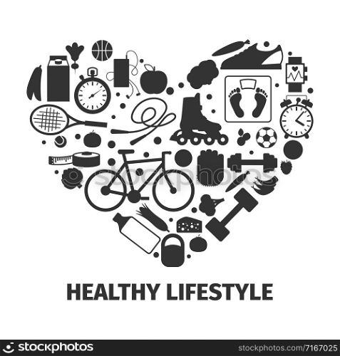 Healthy lifestyle heart with sport icons silhouettes, vwector illustration. Heart with sport icons