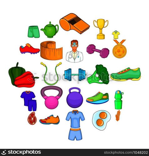 Healthy lifestyle icons set. Cartoon set of 25 healthy lifestyle vector icons for web isolated on white background. Healthy lifestyle icons set, cartoon style
