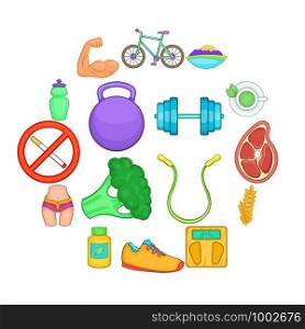 Healthy lifestyle icons set in cartoon style. fitness set collection vector illustration. Healthy lifestyle icons set, cartoon style