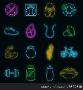 Healthy lifestyle icons set in neon style. fitness set collection vector illustration. Healthy lifestyle icons set vector neon