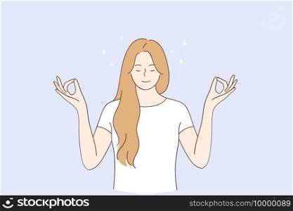 Healthy lifestyle, meditation, yoga concept. Young blonde smiling woman keeping eyes closed and meditating practicing peace of mind, keeping fingers in mudra gesture illustration . Healthy lifestyle, meditation, yoga concept