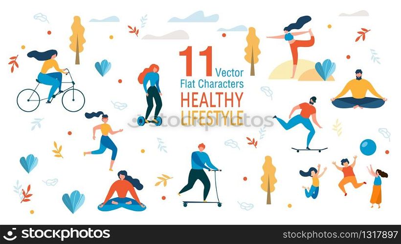 Healthy Lifestyle, Outdoor Activity, Fitness Exercises Trendy Vector Characters Set Isolated on White Background. Men and Woman Riding Bicycle, Running, Practicing Yoga, Playing with Kids Illustration