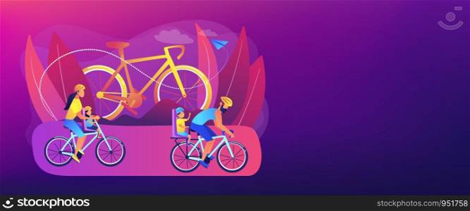 Healthy lifestyle, parents and children doing sport together. Cycling experiences, family bike walks, best bike trails, modern cycling gears concept. Header or footer banner template with copy space.. Cycling experiences concept banner header.