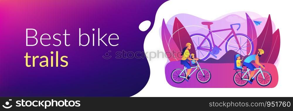 Healthy lifestyle, parents and children doing sport together. Cycling experiences, family bike walks, best bike trails, modern cycling gears concept. Header or footer banner template with copy space.. Cycling experiences concept banner header.