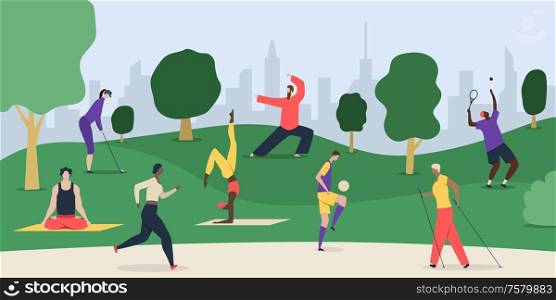 Healthy lifestyle park composition with cityscape and flat doodle style characters of people doing exercises outdoors vector illustration