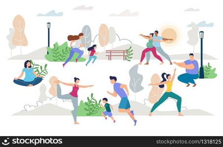 Healthy Lifestyle People Characters Vector Scene Flat Set. Man Woman, Children, Young Family, Pregnant Wife Husband, Lady Waiting for Childbirth Doing Yoga, Jogging, Training on Fresh Air Illustration. Healthy Lifestyle People Vector Scene Flat Set