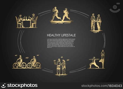 Healthy lifestyle - people jogging, walking, doing yoga, sunbathing, riding bicycles and drinking tea vector concept set. Hand drawn sketch isolated illustration. Healthy lifestyle - people jogging, walking, doing yoga, sunbathing, riding bicycles and drinking tea vector concept set