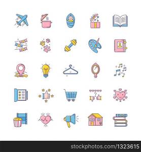 Healthy lifestyle RGB color icons set. Travel and tourism. Cooking recipe. Open gift. Infant baby. Book pile. Pet paws. Gym exercise. Love life. Creative hobby. Isolated vector illustrations