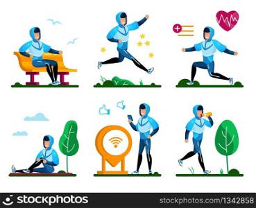 Healthy Lifestyle Routines Trendy Flat Vector Concepts Set. Man in Tracksuit Jogging in Park, Stretching, Doing Cardio, Resting After Training, Sharing Results Online, Drinking Water Illustration