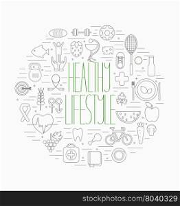 Healthy lifestyle symbols set. Line style vector illustration design concept of lifestyle.