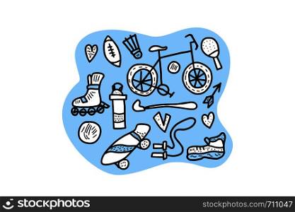 Healthy lifestyle tools, symbols in doodle style. Sport activities.Fitness vector concept.