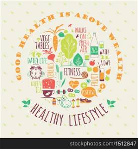 Healthy lifestyle vector illustration with typography. Design elements for a poster, flyer, graphic module.. Healthy lifestyle vector illustration.