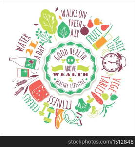 Healthy lifestyle vector illustration with typography. Design elements for a poster, flyer, graphic module.. Healthy lifestyle vector illustration.