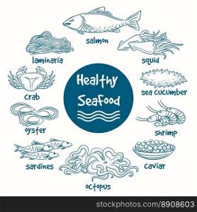 Healthy line doodle seafood. Vector hand drawn food of sea. Fish and seaweed, shrimp and shellfish