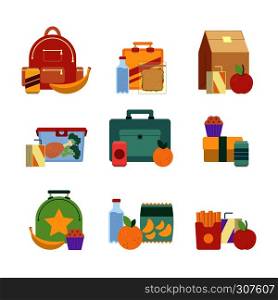 Healthy lunch in plastic box. Lunchbox for kids. Vector illustration set isolate on white background. Lunch box with drink and sandwich. Healthy lunch in plastic box. Lunchbox for kids. Vector illustration set isolate on white background
