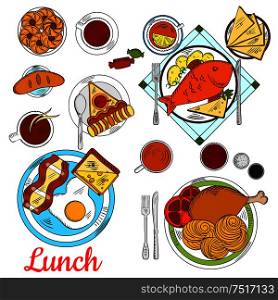 Healthy lunch menu icon with colorful sketches of fried egg with bacon and toast with cheese, baked fish, served with potato, pasta with tomatoes and chicken leg, cups of coffee and tea with apple pie, cookies, sweet bun and candies. Healthy lunch icon with main dishes and desserts