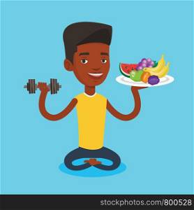 Healthy man with fruits and dumbbell. An african-american man holding fruits and dumbbell. Man choosing healthy lifestyle. Healthy lifestyle concept. Vector flat design illustration. Square layout.. Healthy man with fruits and dumbbell.
