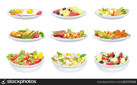 Healthy meal. Breakfast, lunch, salad and dinner menu. Oatmeal with fruit. Balanced diet with vegetables, eggs, meat and seafood, vector set. Illustration lunch dinner, breakfast with vegetables. Healthy meal. Breakfast, lunch, salad and dinner menu. Oatmeal with fruit. Balanced diet with vegetables, eggs, meat and seafood, vector set