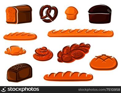 Healthy natural whole grain, wheat and rye loaves of bread, french baguette and croissant, sweet cake, cinnamon and plaited buns, bavarian pretzel. Bakery and pastry products for emblem, signboard or baker shop design. Vector