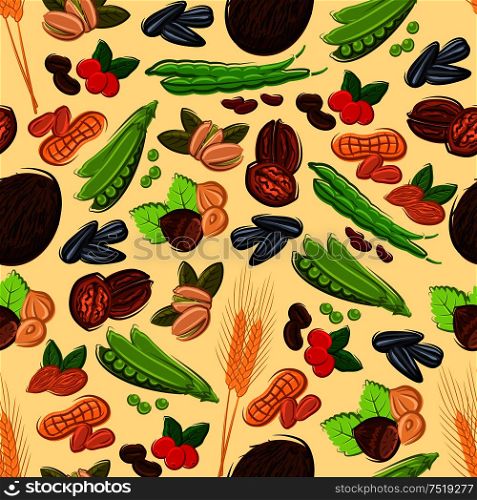 Healthy nut, bean, seed and cereal seamless pattern on beige background with peanut, almond, coffee bean and berry, hazelnut, green pods of pea and bean, walnut, coconut, wheat and sunflower seed. Nut, bean, seed and cereal seamless pattern