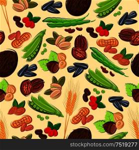 Healthy nut, bean, seed and cereal seamless pattern on beige background with peanut, almond, coffee bean and berry, hazelnut, green pods of pea and bean, walnut, coconut, wheat and sunflower seed. Nut, bean, seed and cereal seamless pattern
